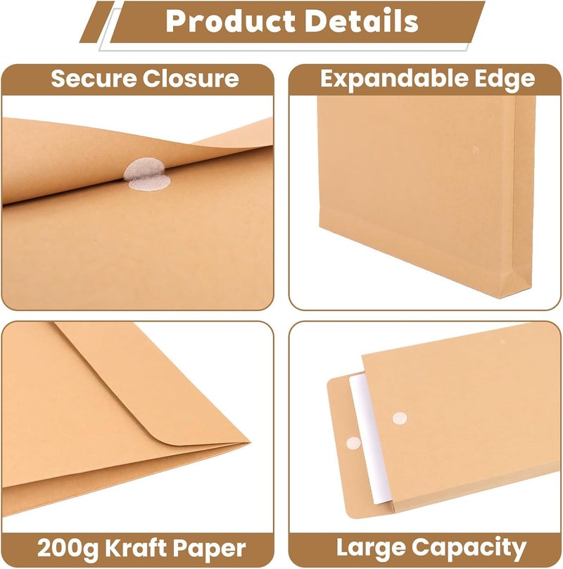 DEEBOX 25 Pack Expandable Large Envelopes 9.4" x 13.2", 200 GSM Mailing Envelopes with Hook and Loop Closure, Manilla Envelope for Documents, Magazines, Photos - Image 3